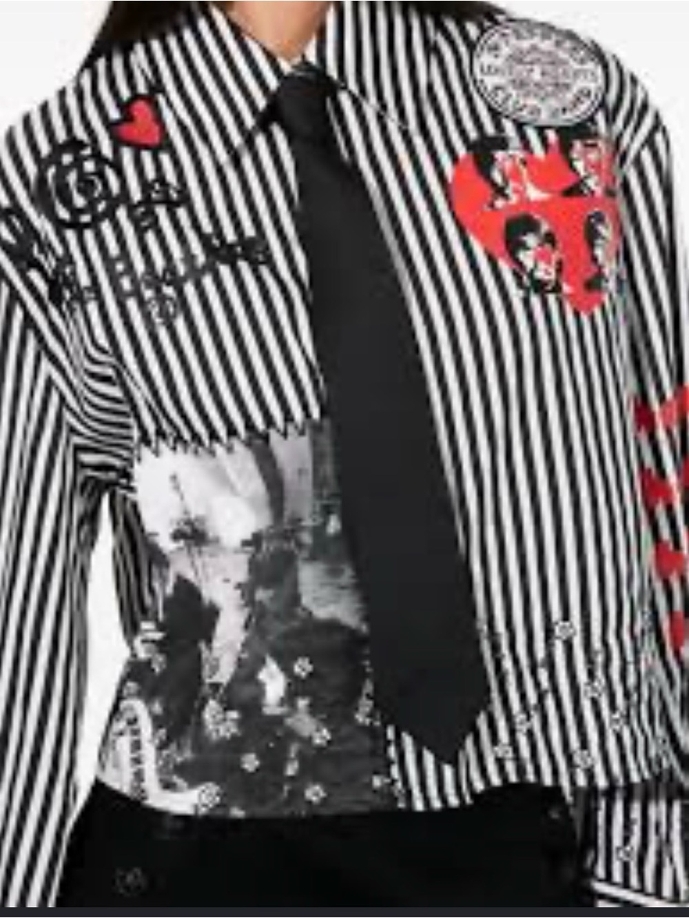Alice + Olivia Black & White Striped Graphic Button-Up with Attached Tie - Picture 2 of 8